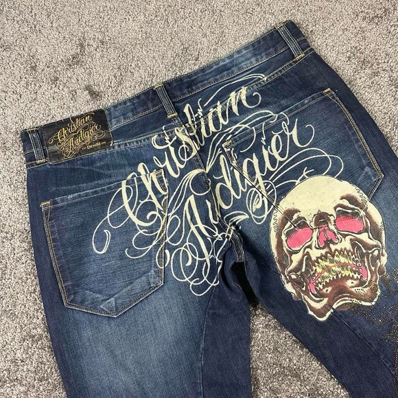 Christian Audigier Denim Jeans 36X34 Skull Back Logo Rhinestones Embroidery - Picture 5 of 16